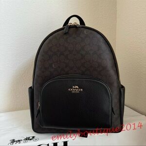 NWT Coach CZ175 Large Court Backpack In Signature Canvas Brown Black Leather Bag